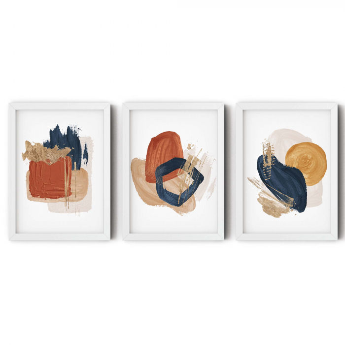 Set 3 tablouri, Intaglio, Abstracte, color, print pe hartie foto Fine Art, pictura abstracta cu auriu pe fundal alb, postere moderne pentru living [6]