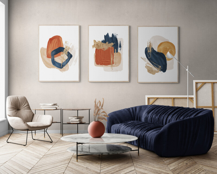 Set 3 tablouri, Intaglio, Abstracte, color, print pe hartie foto Fine Art, pictura abstracta cu auriu pe fundal alb, postere moderne pentru living [1]