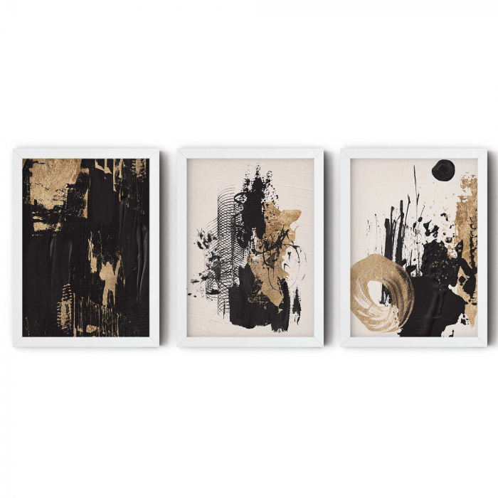 Set 3 tablouri, Intaglio, Abstracte, color, print pe hartie foto Fine Art, Forme abstracte, negru auriu, postere moderne, pentru living [6]