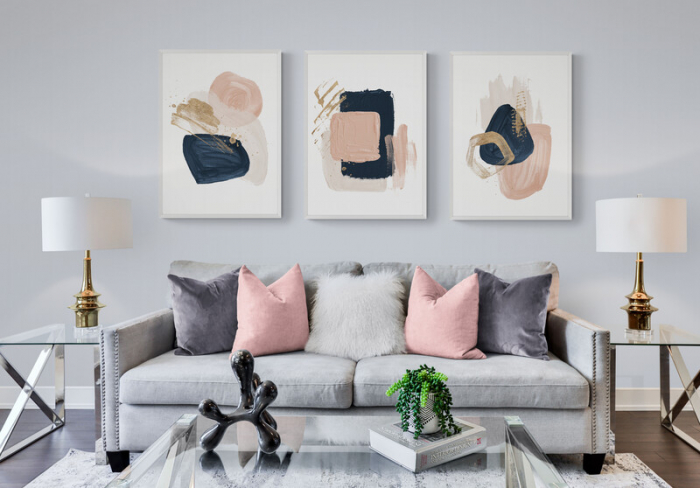 Set 3 tablouri, Intaglio, Abstracte, color, print pe hartie foto Fine Art, postere moderne albe cu forme abstrace colorate, pentru living [1]