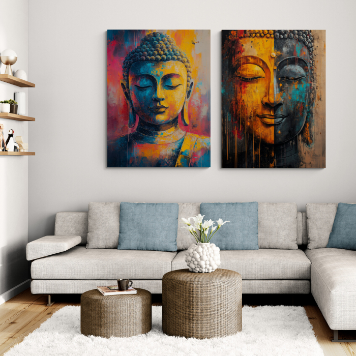 tablouri Buddha în stil abstract, unul predominant galben și altul în tonuri de albastru și roșu [1]