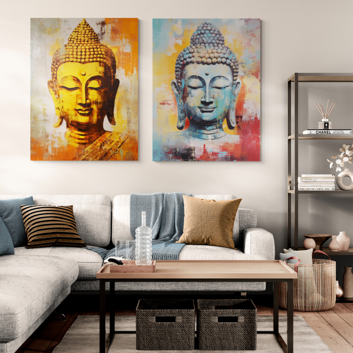 Set de două tablouri canvas în stil abstract cu chipuri colorate de Buddha [1]