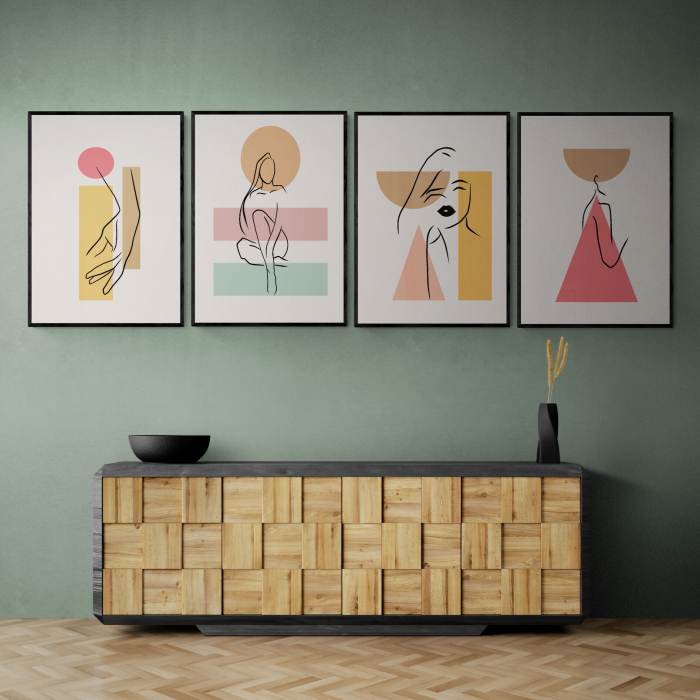 Set 4 tablouri, Intaglio, Abstrate minimaliste, multicolor, print pe hartie foto Fine Art, Siluete, postere moderne, pentru casa, birou [1]