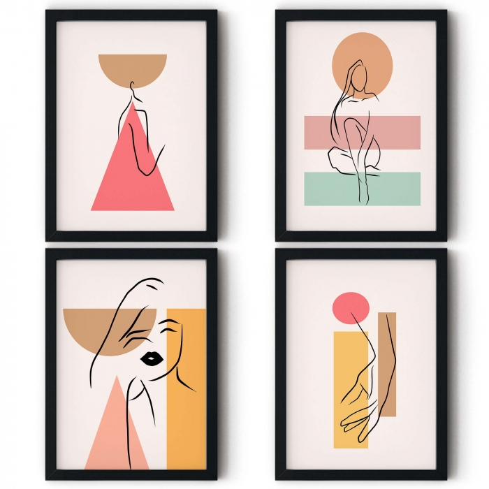 Set 4 tablouri, Intaglio, Abstrate minimaliste, multicolor, print pe hartie foto Fine Art, Siluete, postere moderne, pentru casa, birou [7]