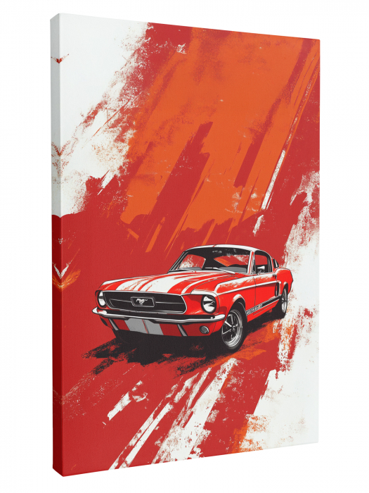 Tablou canvas cu mașină clasică, redată în stil abstract modern, cu accente roșii și albe [3]