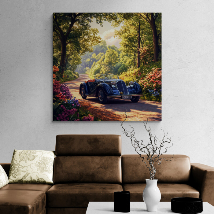 Tablou canvas cu automobil retro pe un drum de poveste [2]