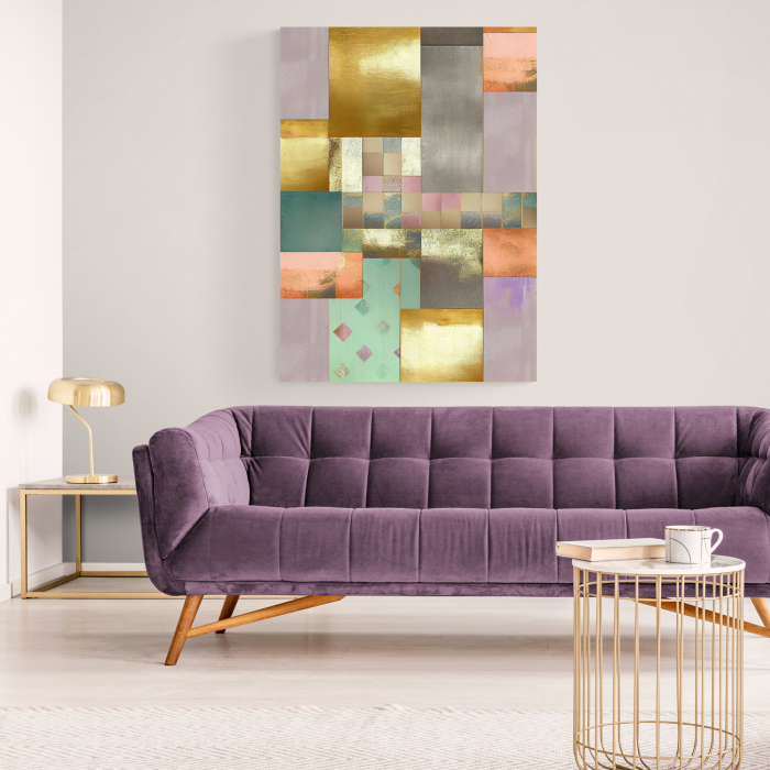 Tablou canvas abstract în nuanțe pastel de roz și lila – Minimalism cu accente aurii pentru living elegant [1]
