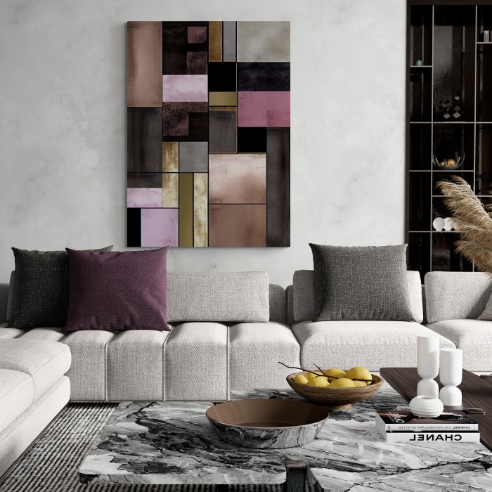 Tablou canvas abstract minimalist – Roz pudrat și maro în stil geometric elegant pentru living modern [1]