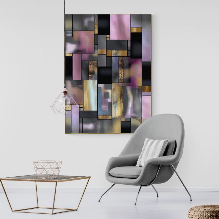 Tablou abstract geometric lila și auriu – decor elegant pentru living [1]