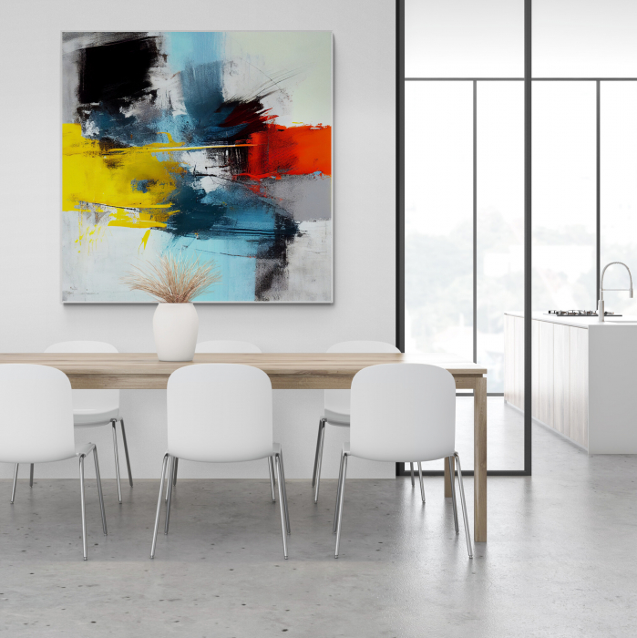 Tablou Abstract Modern în Nuanțe de Galben, Albastru și Roșu pentru Bucătărie [1]