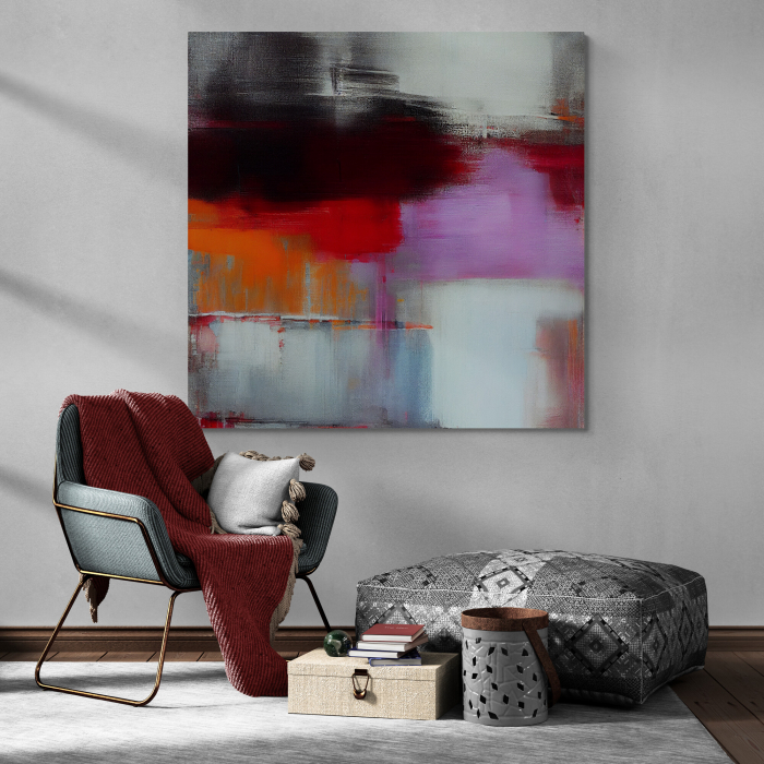Tablou Abstract Modern în Nuanțe de Negru, Mov și Roșu pentru Hol [1]