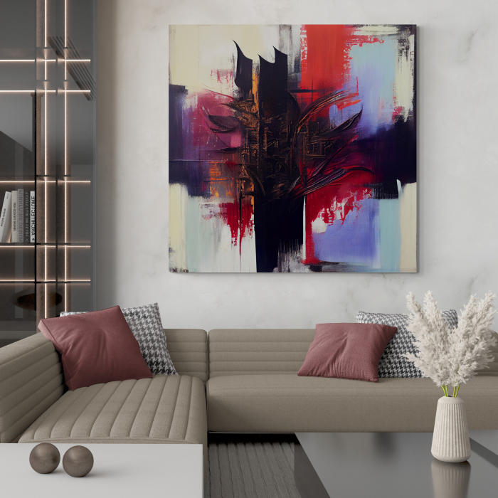 Tablou canvas abstract cu roșu, negru și violet – Artă expresionistă pentru decoruri moderne [1]