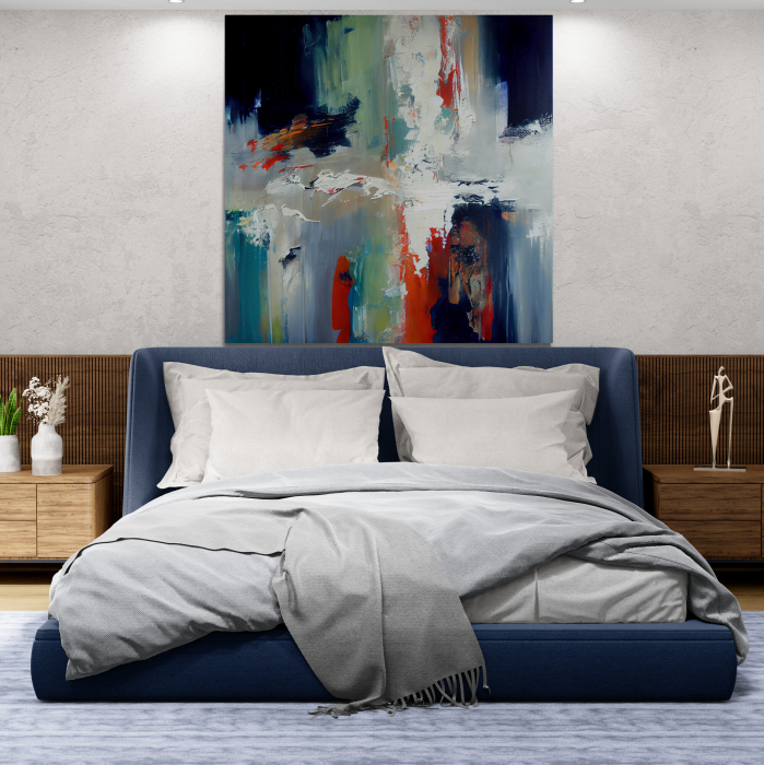 Tablou canvas abstract cu alb, roșu și albastru – Artă expresivă pentru dormitor sau birou [1]