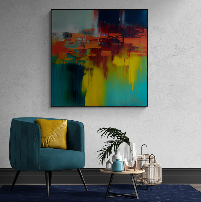 Tablou abstract canvas cu galben, portocaliu și turcoaz – Accent decorativ pentru hol modern [1]