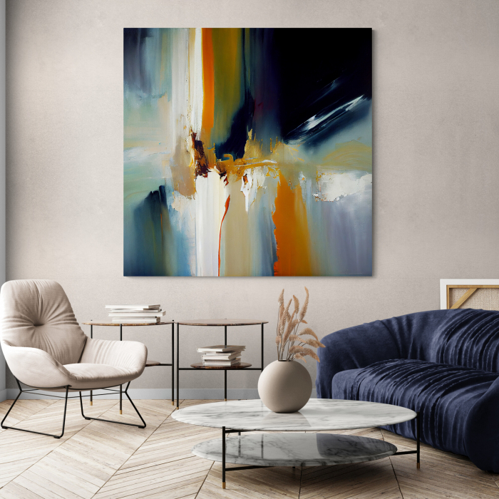 Tablou abstract modern cu portocaliu și albastru – Decor artistic pentru living rafinat [1]