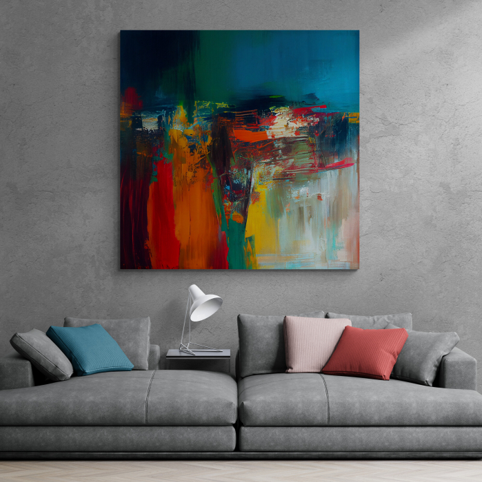 Tablou abstract canvas cu roșu, portocaliu și albastru – Artă modernă pentru decoruri vibrante [1]
