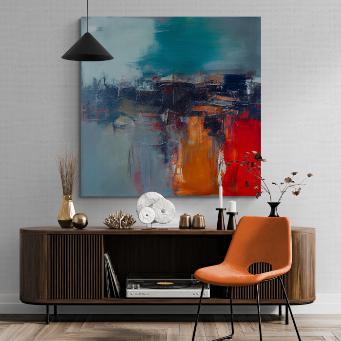 Tablou abstract modern cu roșu și turcoaz – Accent artistic pentru birou sau living [1]