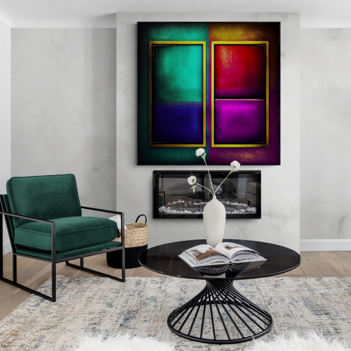 Tablou canvas abstract modern în nuanțe de verde, galben și mov [1]