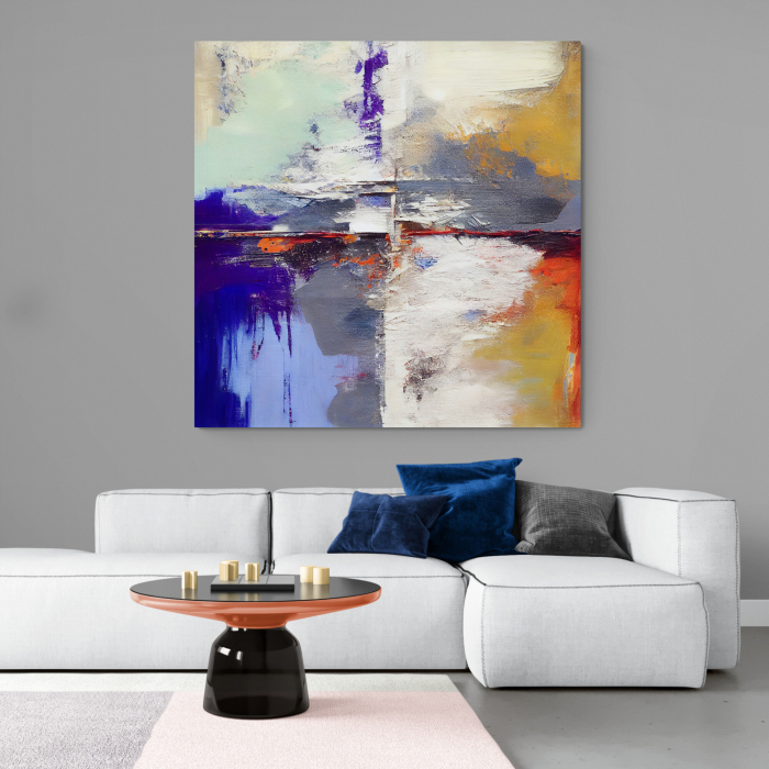 Tablou canvas abstract cu alb, albastru și ocru – Artă echilibrată pentru decoruri elegante [1]