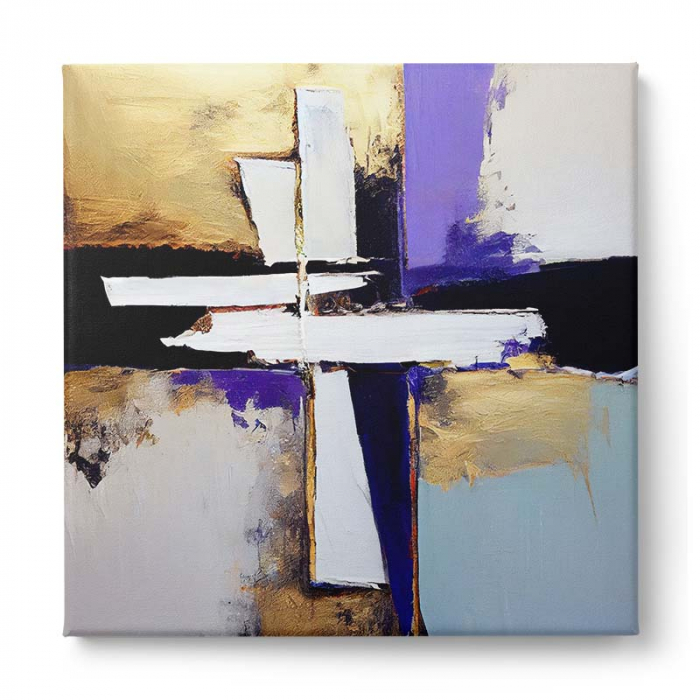 Tablou canvas abstract cu auriu, crem și mov – Eleganță geometrică pentru dormitor [2]