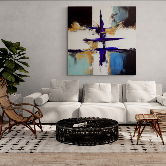 Tablou canvas abstract cu albastru, crem și auriu – Eleganță vizuală pentru decoruri rafinate [1]