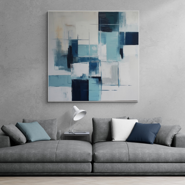 Tablou canvas, abstract, modern, nuante de alb, gri si albastru turcuaz pentru living, birou [1]