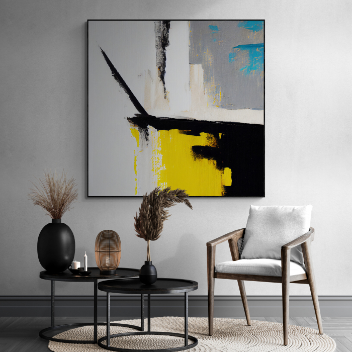 Tablou canvas abstract cu galben, alb și negru – Artă geometrică modernă pentru living [1]