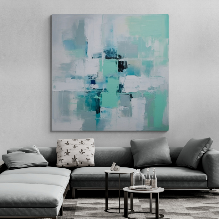 Tablou canvas, abstract, modern, nuante de alb, gri si albastru turcuaz pentru living [1]