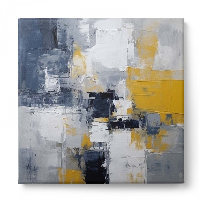 Tablou canvas abstract modern cu albastru, gri și galben [2]