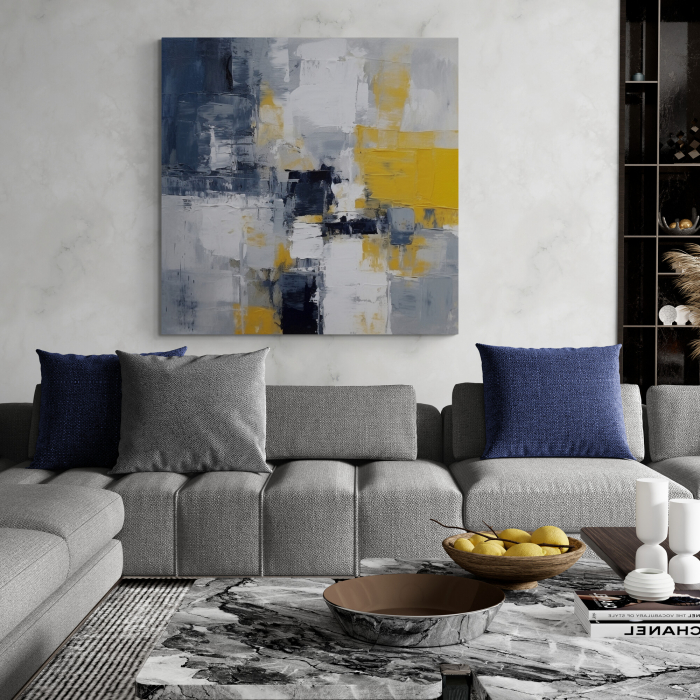 Tablou canvas abstract modern cu albastru, gri și galben [1]