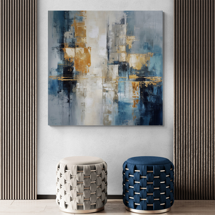 Tablou abstract modern în nuanțe de albastru, gri și auriu [1]