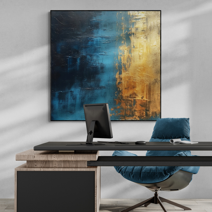 Tablou canvas, abstract, modern, nuante de albastru si auriu pentru living, birou [1]