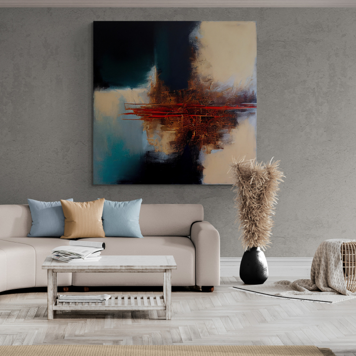 Tablou canvas abstract crem, turcoaz și roșu – Artă contemporană pentru decoruri sofisticate [1]