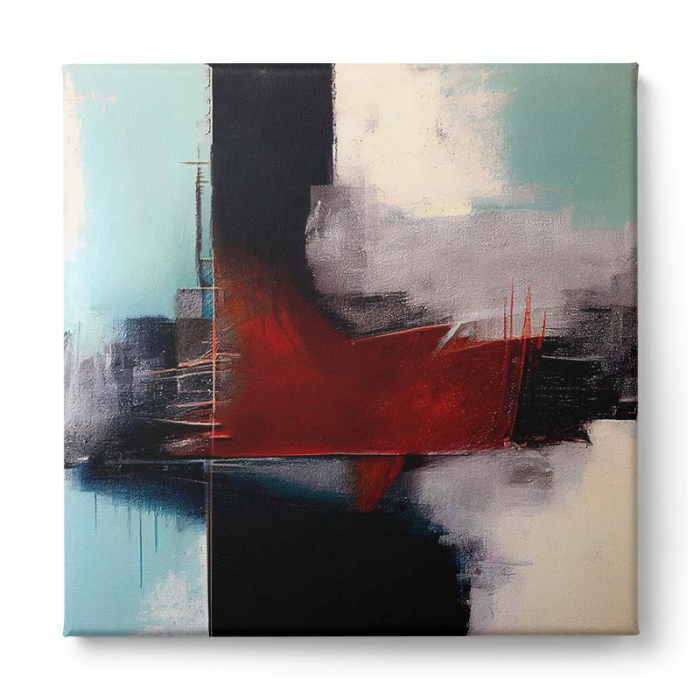 Tablou canvas abstract cu turcoaz, crem și roșu – Artă modernă cu accent vizual puternic [2]