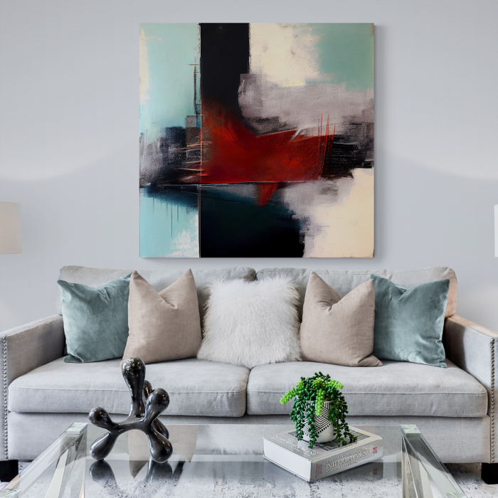 Tablou canvas abstract cu turcoaz, crem și roșu – Artă modernă cu accent vizual puternic [1]