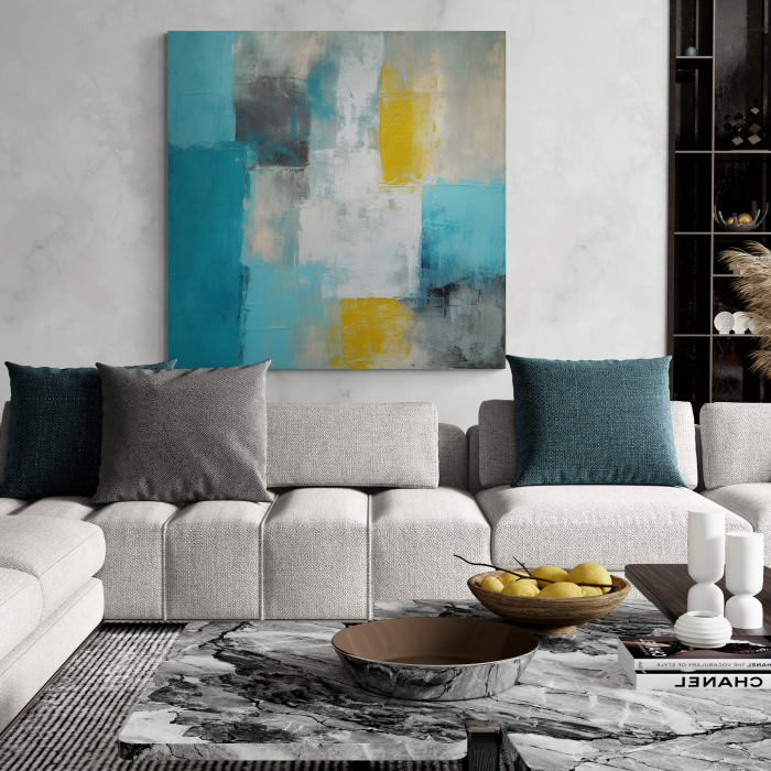 Tablou canvas abstract modern galben, gri și turcoaz [1]