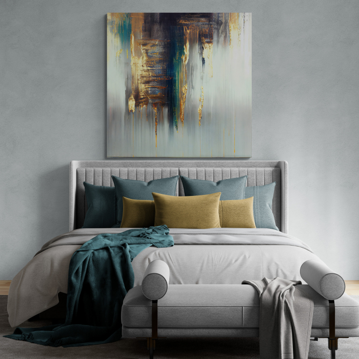 Tablou canvas abstract gri și auriu – Artă decorativă pentru dormitor modern și elegant [1]