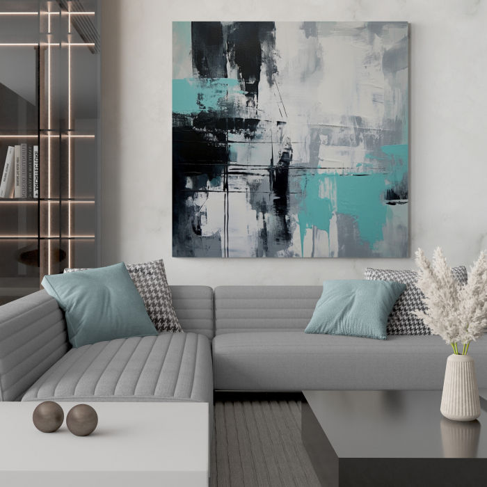 Tablou canvas abstract modern gri și turcoaz [1]