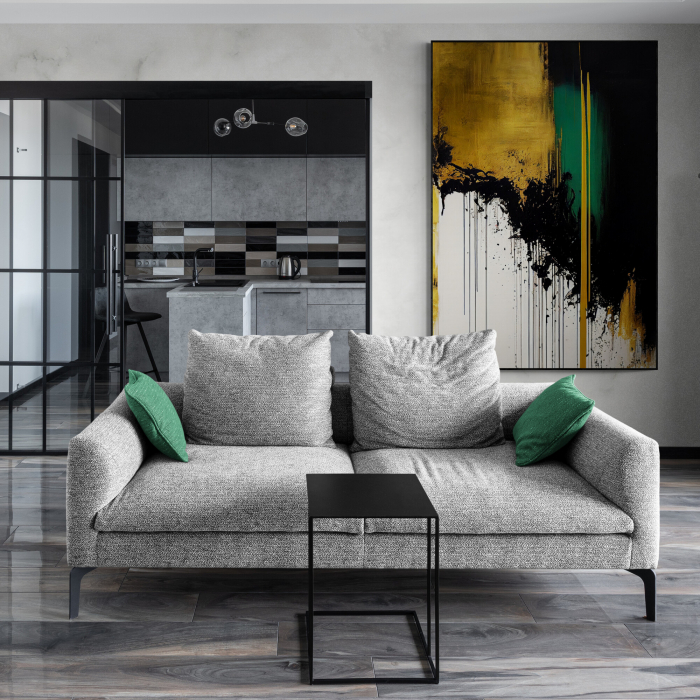 Tablou canvas, abstract, modern, nuante de negru, galben si verde, pentru bucatarie [3]