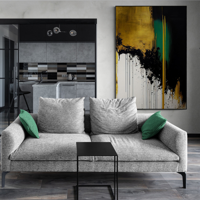 Tablou canvas, abstract, modern, nuante de negru, galben si verde, pentru bucatarie [1]