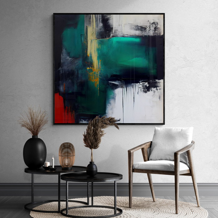 Tablou canvas abstract cu verde, negru și roșu – Artă modernă pentru hol sau living [1]