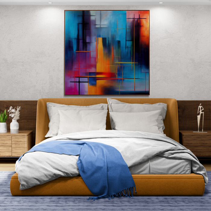 Tablou canvas, abstract, modern, nuante intense de albastru, portocaliu, pentru dormitor [1]