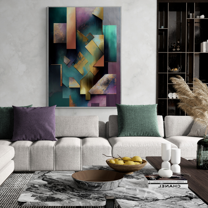 Tablou canvas, abstract, modern, nuante metalice de mov si turcoaz, pentru living [1]