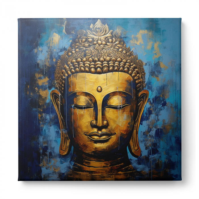 Tablou Buddha cu tonuri aurii pe fundal albastru intens [2]