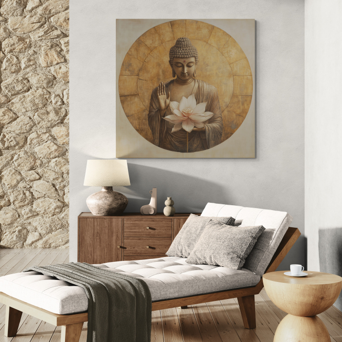 Tablou Buddha în stil abstract, ținând o floare de lotus albă, expus pe un perete deschis într-un spațiu de relaxare decorat natural, cu mobilier din lemn și accente bej. [1]