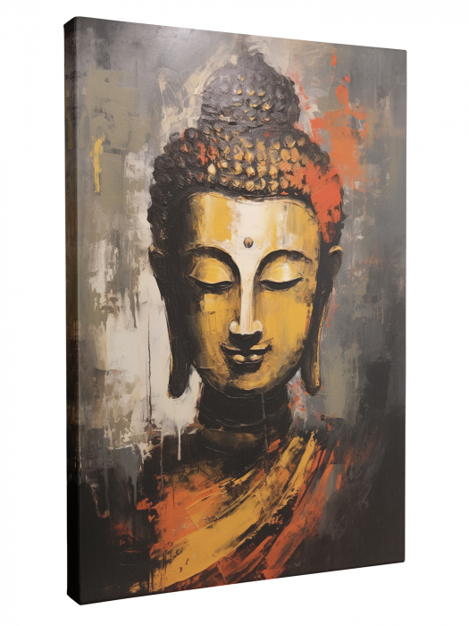Tablou modern cu portret de Buddha în nuanțe aurii și roșii [2]