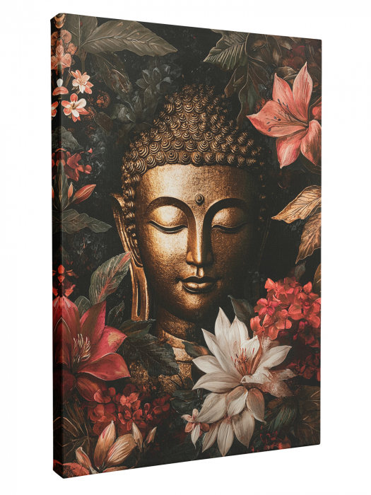Tablou canvas cu chipul auriu al lui Buddha, încadrat de flori roșii și albe [4]