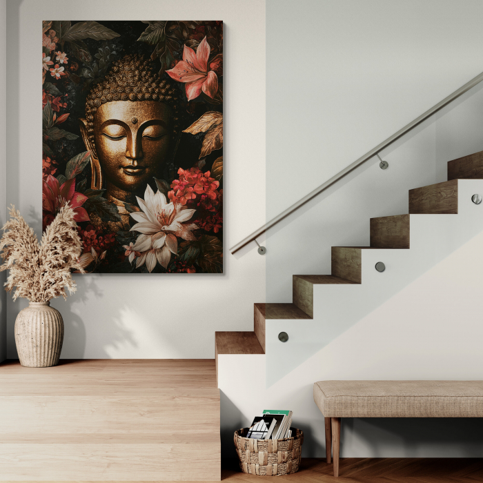 Tablou canvas cu chipul auriu al lui Buddha, încadrat de flori roșii și albe [2]