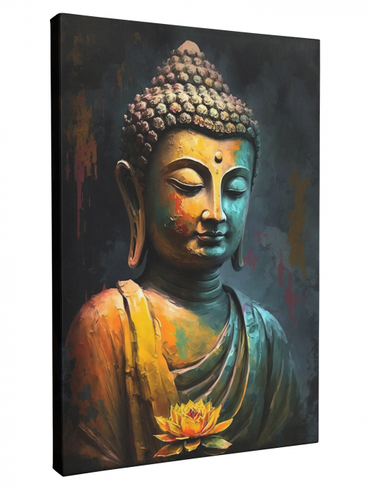 Tablou canvas cu Buddha în culori vibrante pe fundal închis [2]