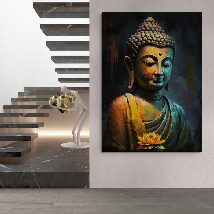 Tablou canvas cu Buddha în culori vibrante pe fundal închis [1]